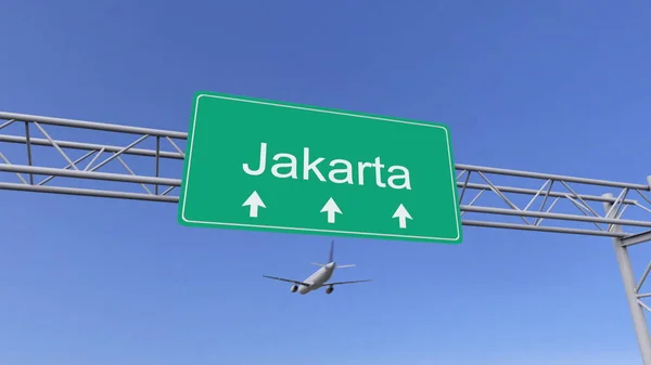 Коммерческий самолёт с двумя двигателями прибывает в аэропорт Джакарты. Путешествие в Индонезию концептуального 3D-рендеринга — стоковое фото