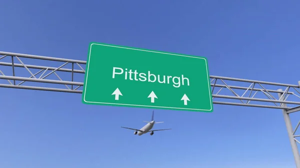 Avión comercial de doble motor que llega al aeropuerto de Pittsburgh. Viajar a Estados Unidos renderizado 3D conceptual — Foto de Stock