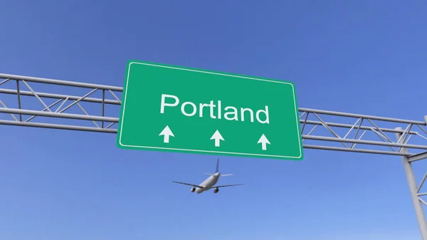 Avión comercial de doble motor que llega al aeropuerto de Portland. Viajar a Estados Unidos renderizado 3D conceptual — Foto de Stock