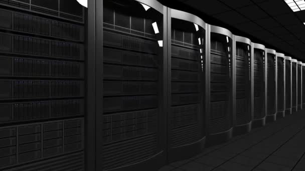 Sala de servidor moderna dolly seamless loop 4K animation. Tecnologias de nuvem, ISP, TI corporativa, conceitos de negócios de comércio eletrônico — Vídeo de Stock