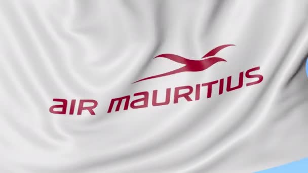 Ondeando la bandera de Air Mauritius contra el fondo azul del cielo, lazo sin costuras. Animación Editorial 4K — Vídeo de stock