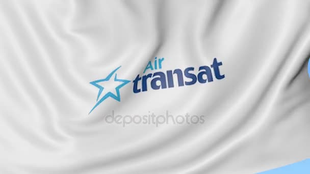 Drapeau ondulé d'Air Transat sur fond de ciel bleu, boucle transparente. Éditorial animation 4K — Video