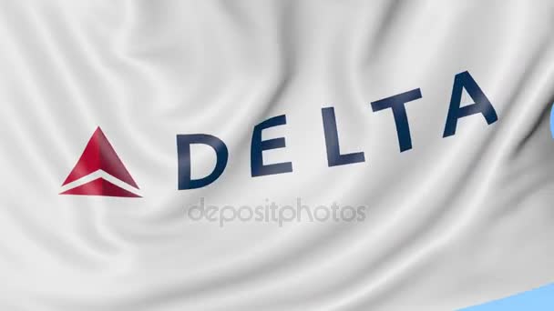 Размахивание флагом авиакомпании Delta Air Lines на фоне голубого неба, бесшовный цикл. Редакционная анимация 4K — стоковое видео