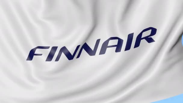 Integetett zászló a Finnair kék ég háttér, varrat nélküli hurok. Szerkesztői 4k animáció — Stock videók