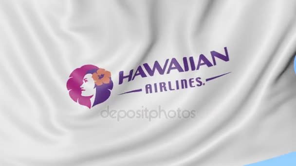 Ondeando la bandera de Hawaiian Airlines contra el fondo azul del cielo, lazo sin costuras. Animación Editorial 4K — Vídeos de Stock