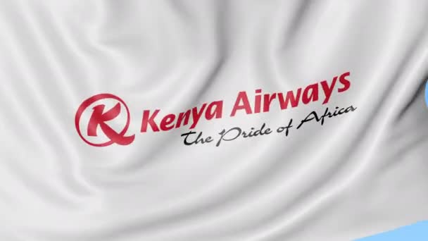 Bandiera sventolante di Kenya Airways sullo sfondo del cielo blu, anello senza soluzione di continuità. Editoriale animazione 4K — Video Stock