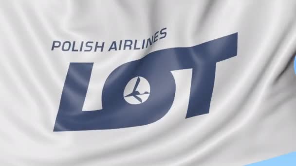 Размахивание флагом LOT Polish Airlines на фоне голубого неба, бесшовный цикл. Редакционная анимация 4K — стоковое видео