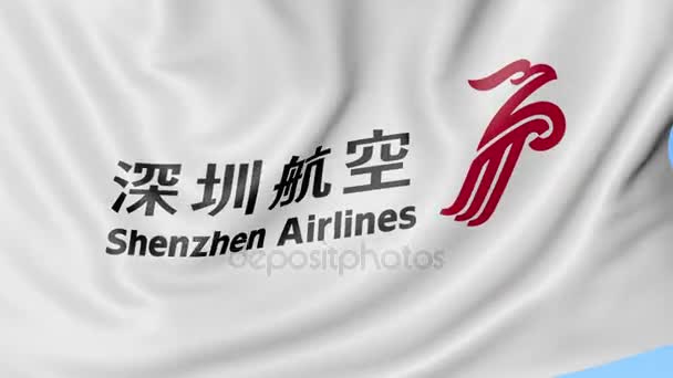 Ondeando la bandera de Shenzhen Airlines contra el fondo azul del cielo, lazo sin costuras. Animación Editorial 4K — Vídeo de stock