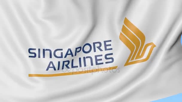 Vink flag Singapore Airlines på blå himmel baggrund, problemfri sløjfe. Redaktionel 4K animation – Stock-video