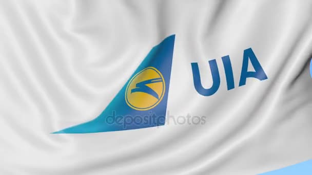 Acenando bandeira da Ucrânia International Airlines contra fundo céu azul, loop sem costura. Editorial 4K animação — Vídeo de Stock