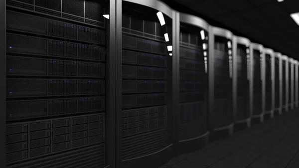 Server room rendering 3D, messa a fuoco superficiale. Tecnologie cloud, ISP, IT aziendale, concetti aziendali di e-commerce — Foto Stock