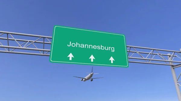 Twin engine kommersiella flygplan anländer till Johannesburg flygplats. Resa till Sydafrika konceptuell 3d-rendering — Stockfoto