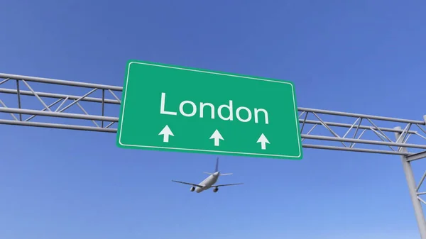 Avion commercial bimoteur arrivant à l'aéroport de Londres. Voyager au Royaume-Uni rendu 3D conceptuel — Photo