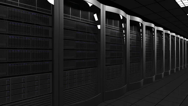 Modern server room 3D rendering. Cloud technologies, ISP, corporate IT, ecommerce business concepts — Stock Photo, Image