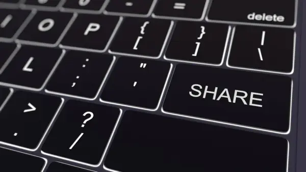Schwarze Computertastatur und glühende Sharing-Taste. konzeptionelles 3D-Rendering — Stockfoto