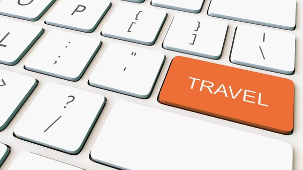 Beyaz bilgisayar klavye ve turuncu seyahat anahtar. Kavramsal 3d render — Stok fotoğraf