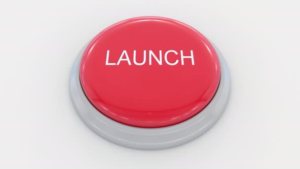 Grote rode knop met inscriptie van de lancering te duwen. Conceptuele 4 k clip — Stockvideo