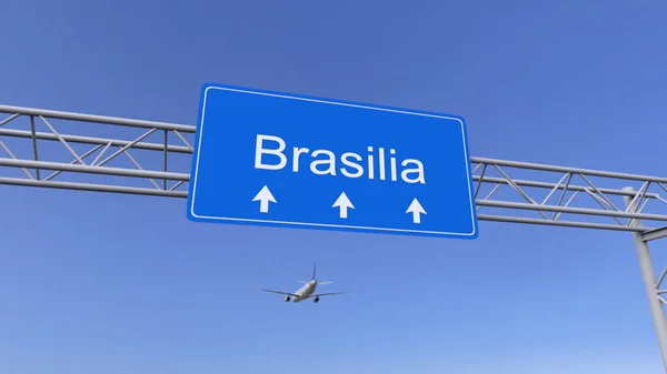 Avião comercial chegando ao aeroporto de Brasília. Viajar para o Brasil renderização 3D conceitual — Fotografia de Stock