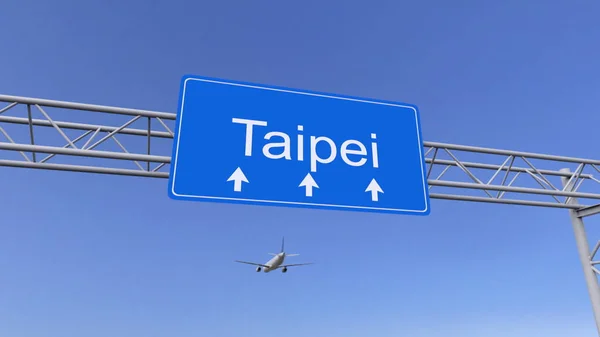 Verkehrsflugzeug bei der Ankunft auf dem Flughafen Taipeh. Reisen nach Taiwan konzeptionelles 3D-Rendering — Stockfoto