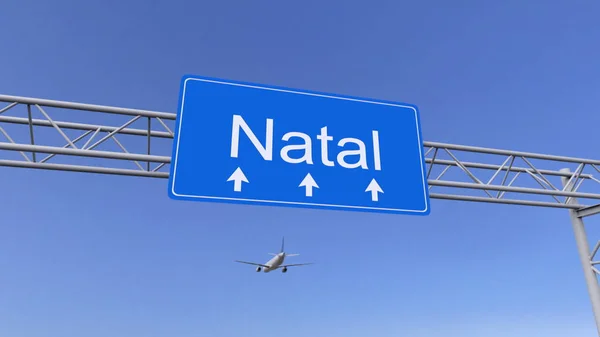 Commercial airplane arriving to Natal airport. Travelling to Brazil conceptual 3D rendering — Stock Photo, Image