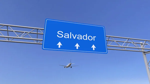 Przyjazd na lotnisko Salvador komercyjnego samolotu. Podróż do Brazylii pojęciowy renderowania 3d — Zdjęcie stockowe