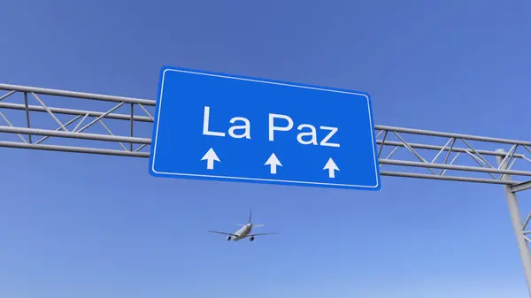 La Paz havaalanına gelen ticari uçak. Kavramsal 3d render Bolivya'ya seyahat — Stok fotoğraf