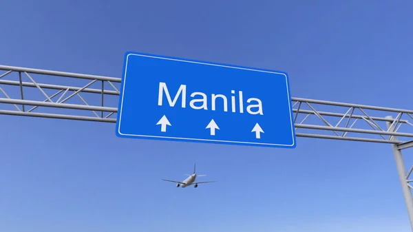 Avión comercial llegando al aeropuerto de Manila. Viajar a Filipinas renderizado 3D conceptual —  Fotos de Stock