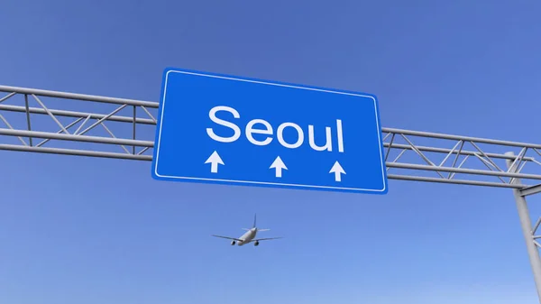 Komerční letadlo, přijíždějící na letiště v Soulu. Cestování do Jižní Koreje koncepční 3d vykreslování — Stock fotografie