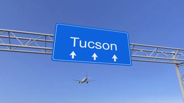 Avión comercial llegando al aeropuerto de Tucson. Viajar a Estados Unidos renderizado 3D conceptual —  Fotos de Stock