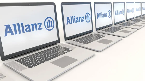 stock image Modern laptops with Allianz logo. Computer technology conceptual editorial 3D rendering