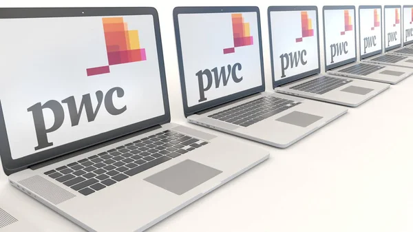 Moderna bärbara datorer med Pricewaterhousecoopers Pwc logotyp. Dator teknik konceptuella redaktionella 3d rendering — Stockfoto