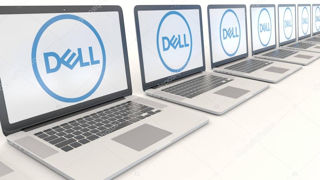 Modern laptops with Dell Inc. logo. Computer technology conceptual editorial 3D