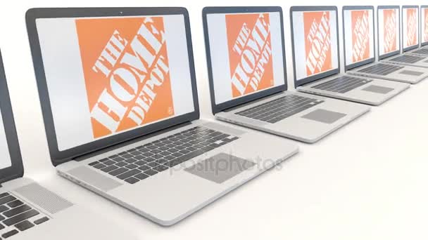 Modern laptopok a Home Depot logóval. Számítógép technológia fogalmi szerkesztői 4k klip, varrat nélküli hurok — Stock videók