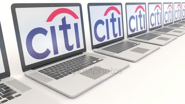 Portátiles modernos con logotipo de Citigroup. Tecnología informática editorial conceptual clip 4K, bucle sin costura — Vídeos de Stock