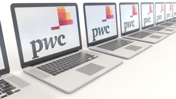 Moderna bärbara datorer med Pricewaterhousecoopers Pwc logotyp. Dator teknik konceptuella redaktionella 4k klipp, sömlös loop — Stockvideo