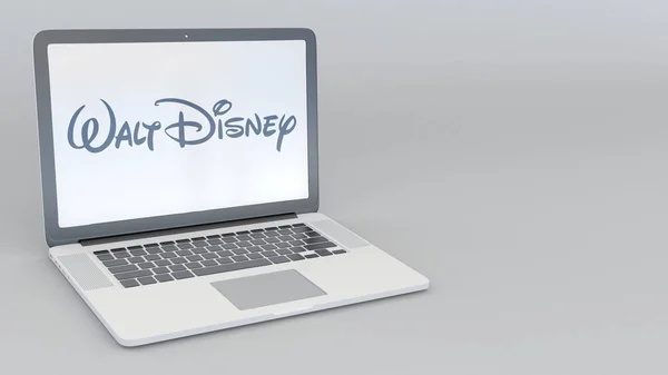 Portátil con el logotipo de Walt Disney Pictures. Tecnología informática editorial conceptual 3D rendering — Foto de Stock