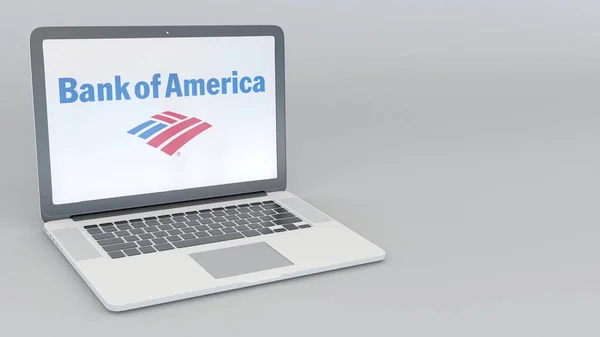 美国银行徽标的笔记本电脑。计算机技术概念编辑 3d 渲染 — 图库照片