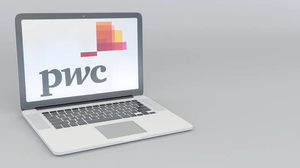 Laptop med Pricewaterhousecoopers Pwc logotyp. Dator teknik konceptuella redaktionella 3d rendering — Stockfoto