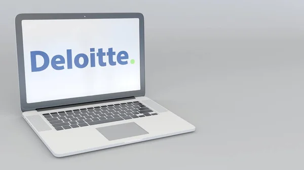 Laptop mit Deloitte-Logo. Computertechnologie konzeptionelles redaktionelles 3D-Rendering — Stockfoto