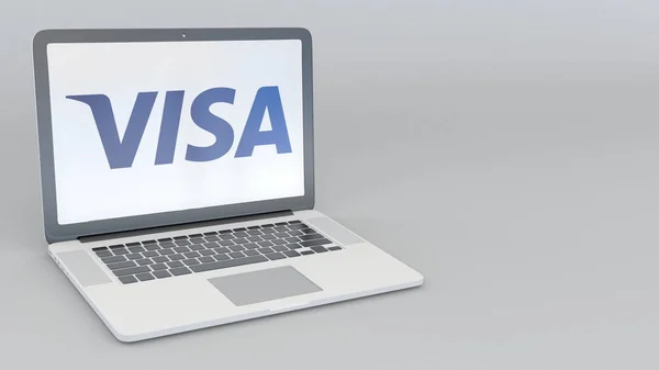 Ноутбук с логотипом Visa Inc. Концептуальная редакционная 3D рендеринг компьютерных технологий — стоковое фото