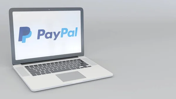 Ordenador portátil con logotipo de PayPal. Tecnología informática editorial conceptual 3D rendering — Foto de Stock