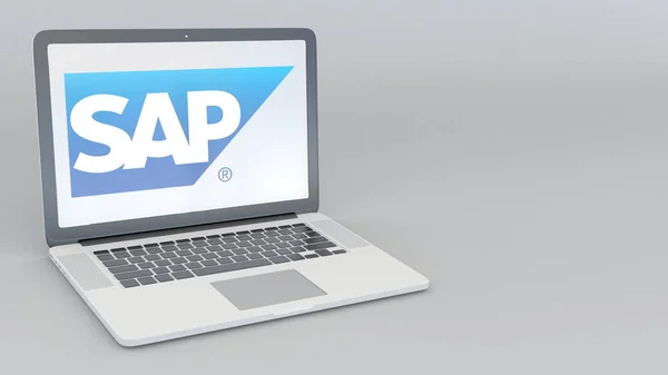 Laptop dengan logo SAP SE. Penerjemahan 3D konseptual teknologi komputer — Stok Foto