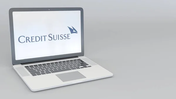 Laptop med Credit Suisse Group logotyp. Dator teknik konceptuella redaktionella 3d rendering — Stockfoto