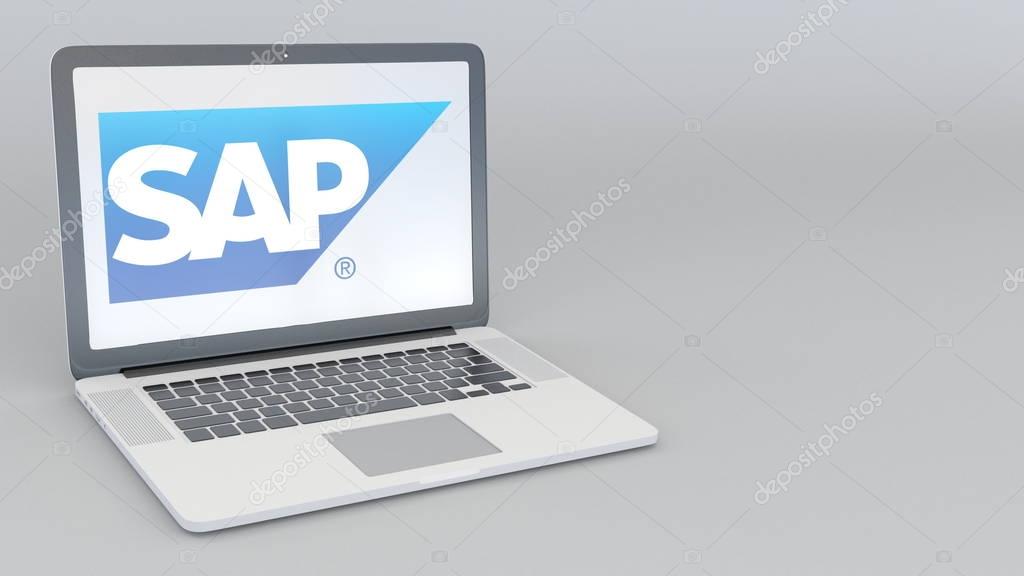 Laptop with SAP SE logo. Computer technology conceptual editorial 3D