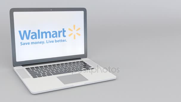 Rotativa de abertura e fechamento de laptop com logotipo Walmart. Tecnologia de computador editorial conceitual 4K clip — Vídeo de Stock