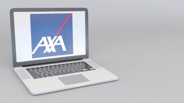 Obrotowa otwarcia i zamknięcia laptopa z Axa logo. Komputer technologii pojęciowy redakcji 4k klip — Wideo stockowe