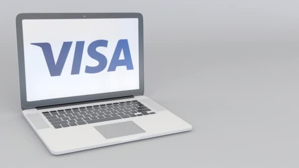 Rotativa de abertura e fechamento de laptop com logotipo Visa Inc.. Tecnologia de computador editorial conceitual 4K clip — Vídeo de Stock