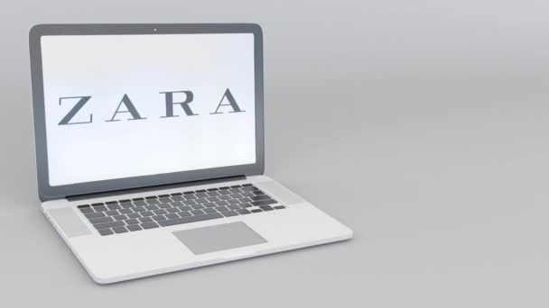 Portátil giratorio de apertura y cierre con logotipo de Zara. Tecnología informática editorial conceptual 4K clip — Vídeos de Stock