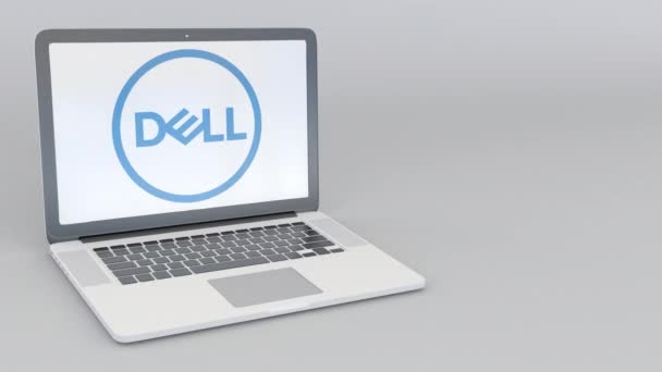 Roterende openen en sluiten van laptop met Dell Inc. logo. Computer technologie conceptuele redactionele 4k clip — Stockvideo