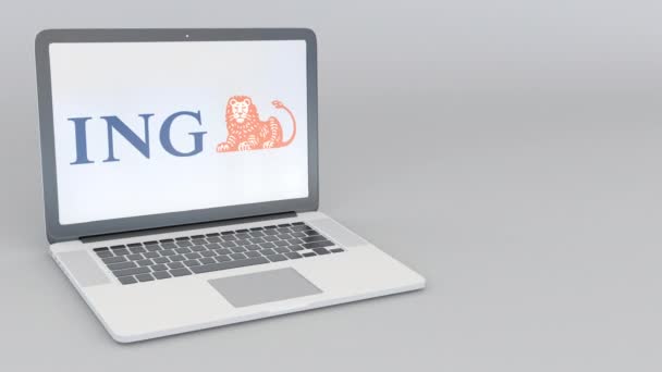 Portátil giratorio de apertura y cierre con logotipo de ING Group. Tecnología informática editorial conceptual 4K clip — Vídeo de stock